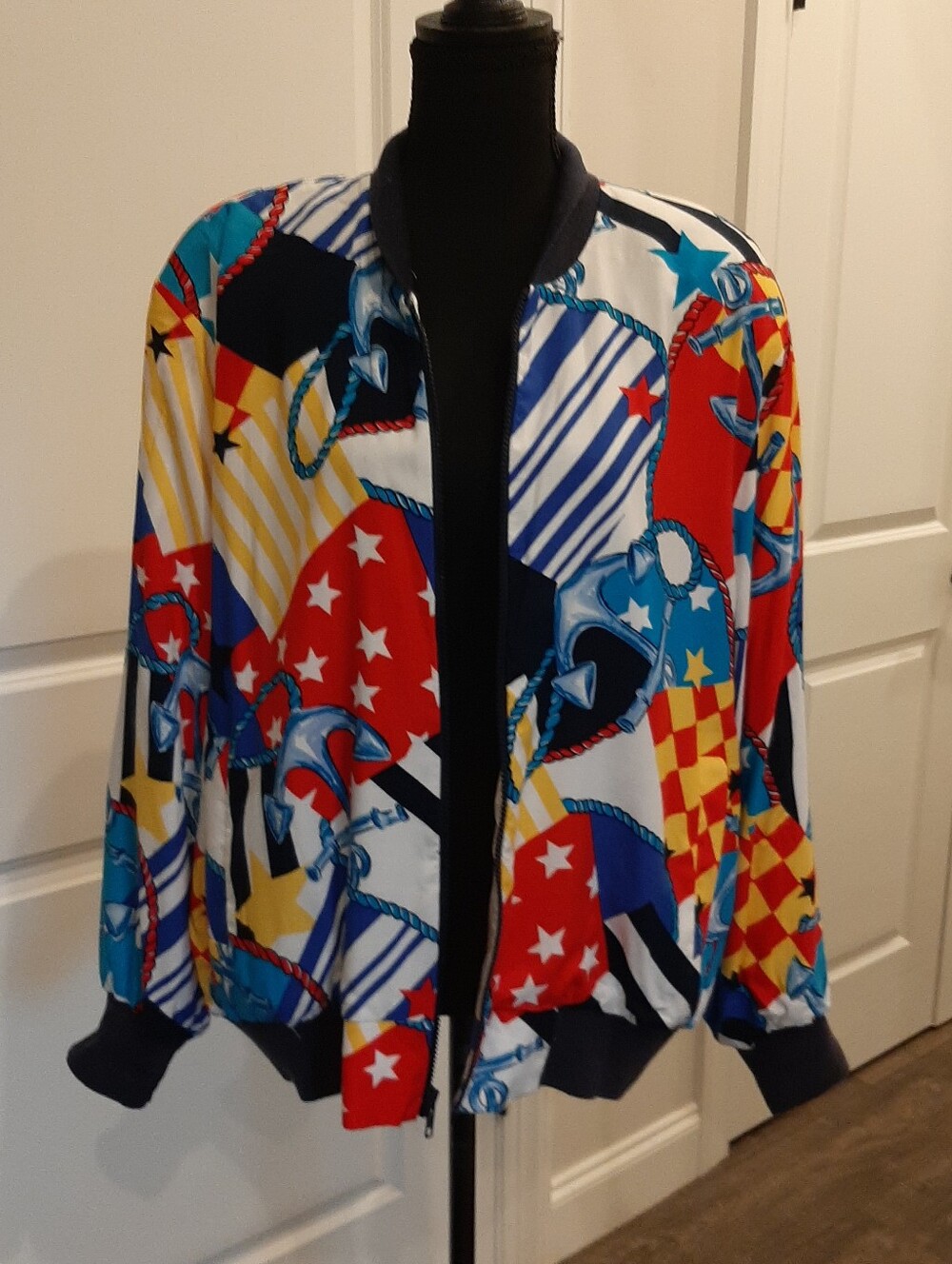 FSTOP Nautical Print Bomber Jacket Large Zip Front Retro Anchor Rope Lined